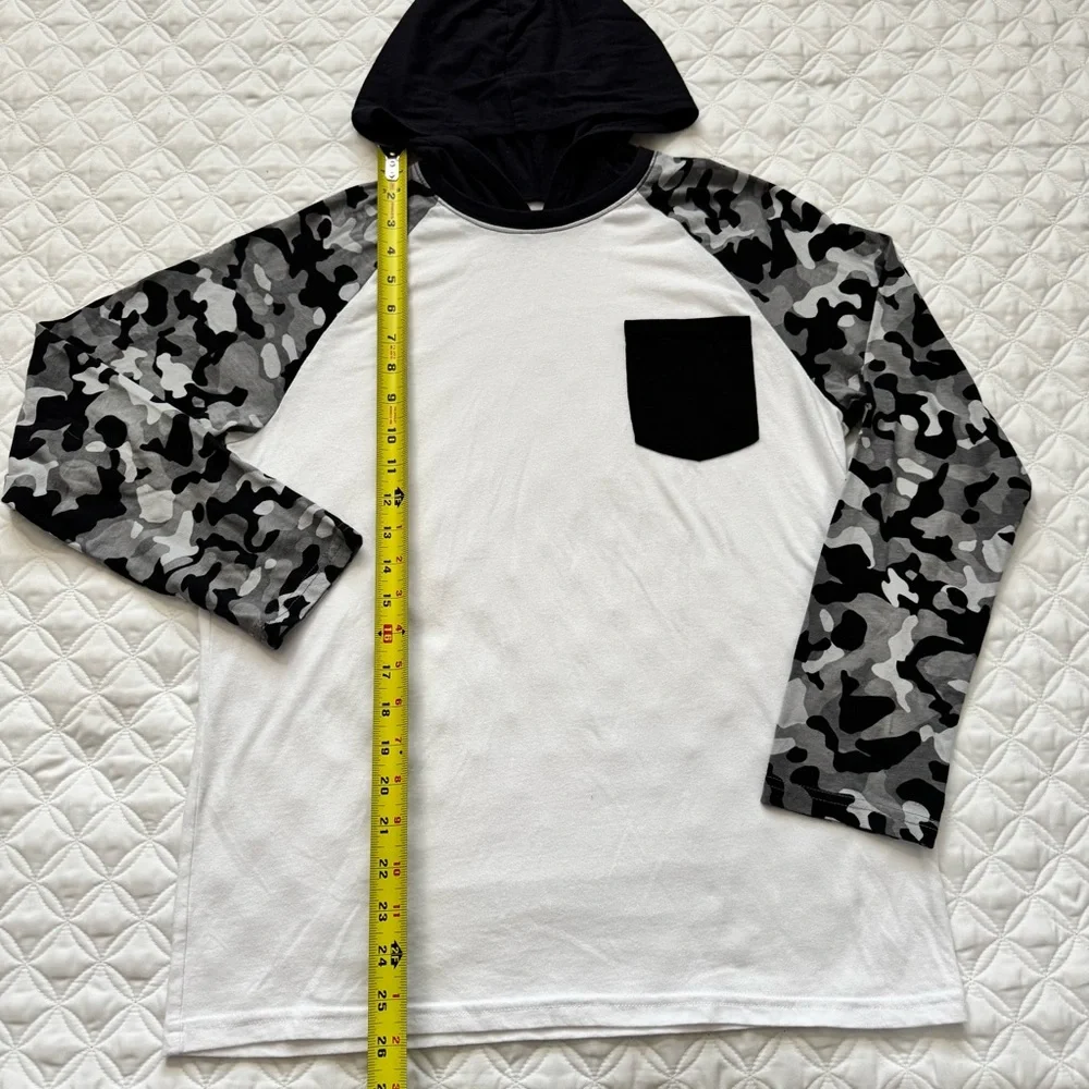 The Children's Place Colorblock Hooded Camo Long Sleeve Top White Black Sz XL